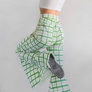 Free People Just Float On Super Flare Stretch Green Plaid Jeans